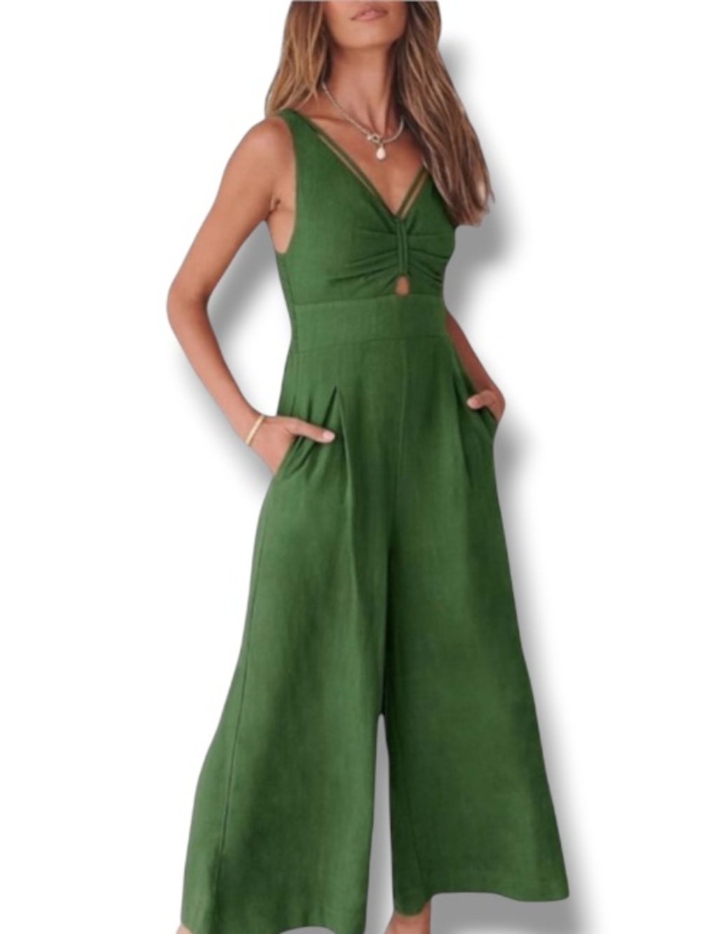 Anrabess Women's Green Jumpsuit Wide Leg Sleeveless Linen Sexy Romper